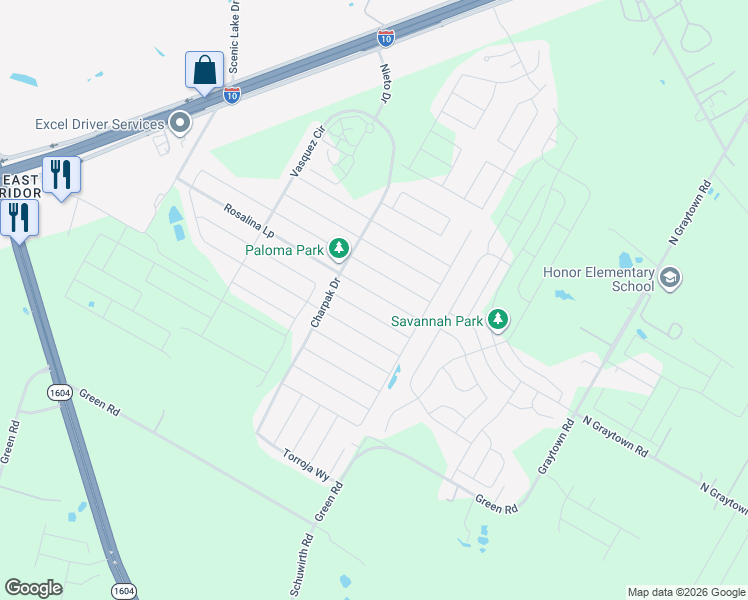 map of restaurants, bars, coffee shops, grocery stores, and more near 10764 Rosalina Loop in Converse