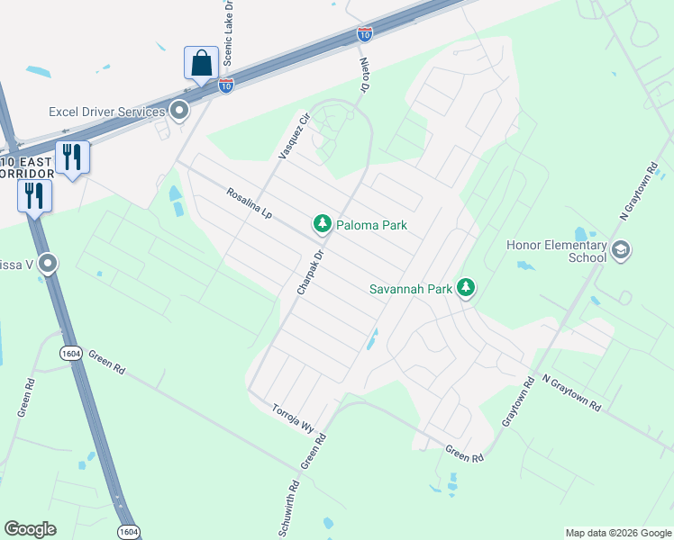 map of restaurants, bars, coffee shops, grocery stores, and more near 10641 Green Road in Converse