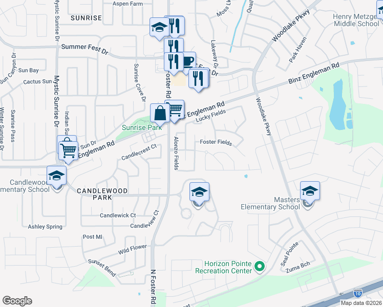 map of restaurants, bars, coffee shops, grocery stores, and more near 3403 Aranda Fields in Converse