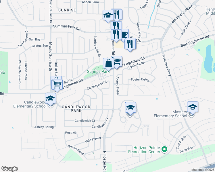 map of restaurants, bars, coffee shops, grocery stores, and more near 6502 Candlebrite Drive in San Antonio