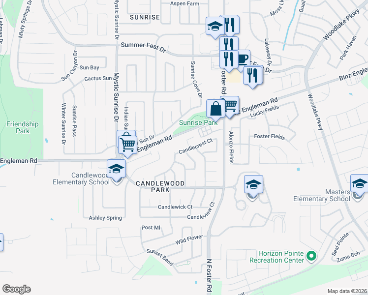 map of restaurants, bars, coffee shops, grocery stores, and more near 3829 Candlecrown Court in San Antonio