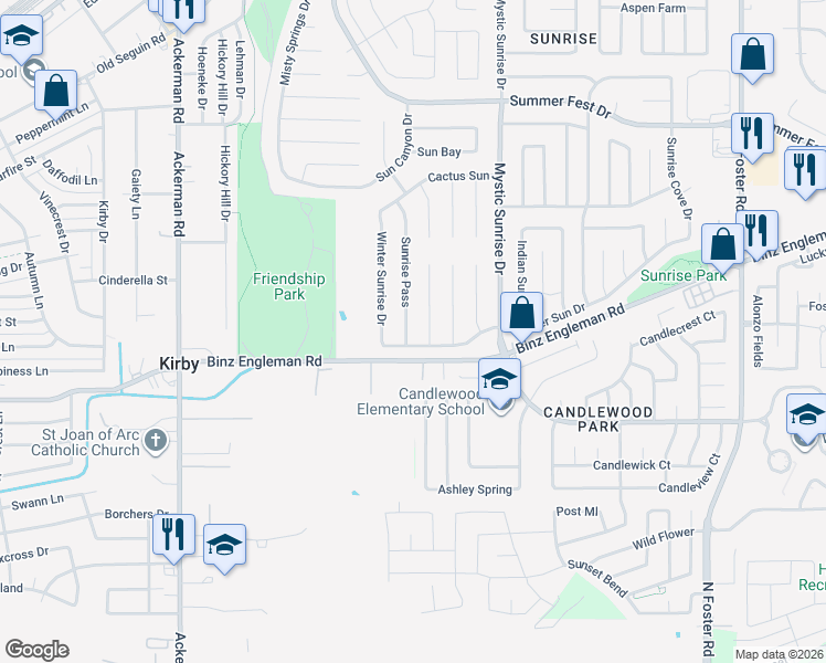 map of restaurants, bars, coffee shops, grocery stores, and more near 5802 Glacier Sun Drive in San Antonio