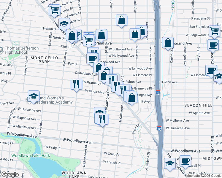 map of restaurants, bars, coffee shops, grocery stores, and more near 1630 West Kings Highway in San Antonio