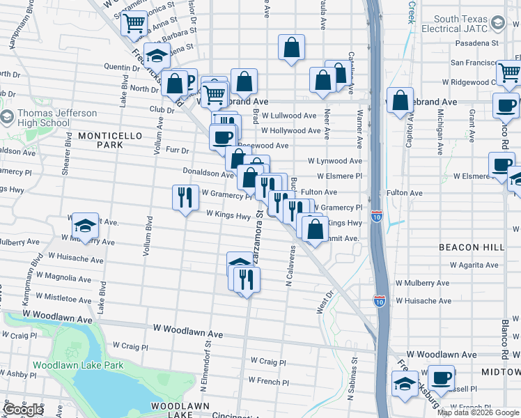 map of restaurants, bars, coffee shops, grocery stores, and more near 1630 West Kings Highway in San Antonio