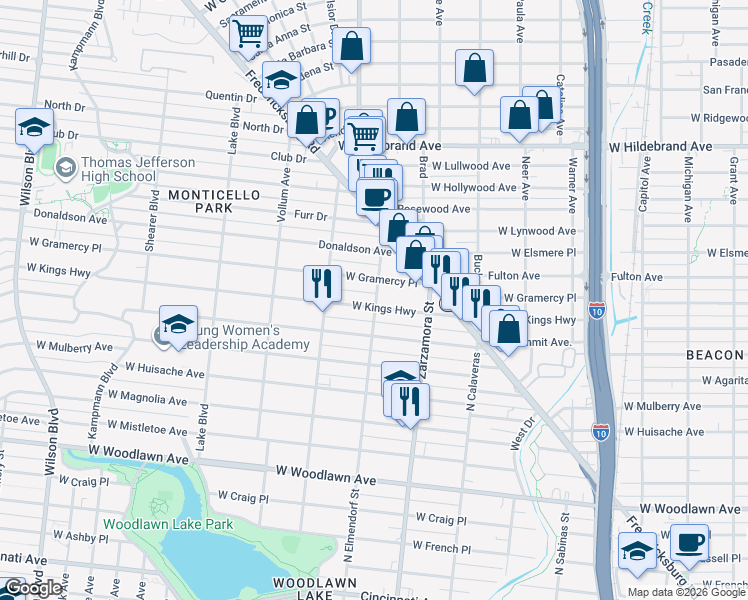 map of restaurants, bars, coffee shops, grocery stores, and more near 1814 West Kings Highway in San Antonio
