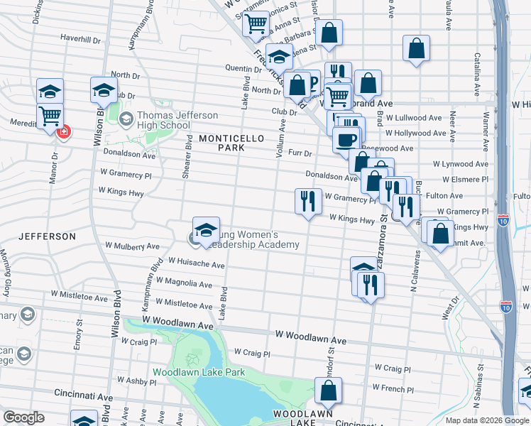 map of restaurants, bars, coffee shops, grocery stores, and more near 2015 West Summit in San Antonio