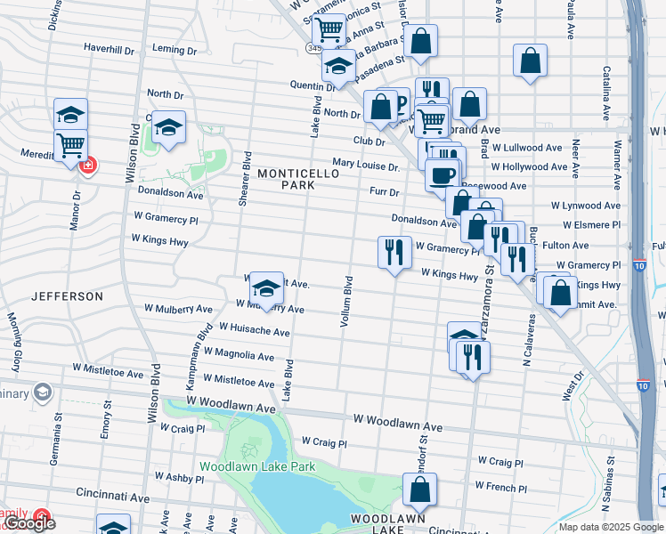 map of restaurants, bars, coffee shops, grocery stores, and more near 2020 West Kings Highway in San Antonio