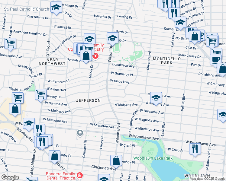 map of restaurants, bars, coffee shops, grocery stores, and more near 2327 West Summit in San Antonio