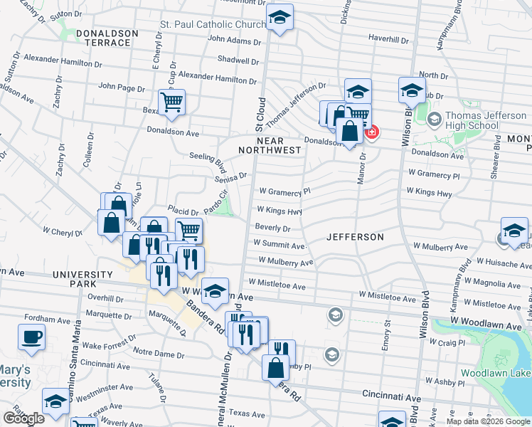 map of restaurants, bars, coffee shops, grocery stores, and more near 435 Beverly Drive in San Antonio