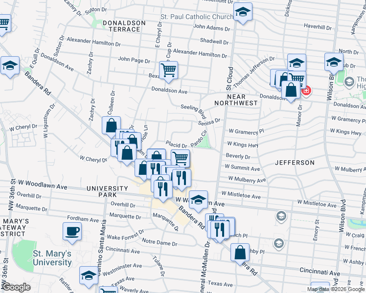 map of restaurants, bars, coffee shops, grocery stores, and more near 204 Placid Drive in San Antonio
