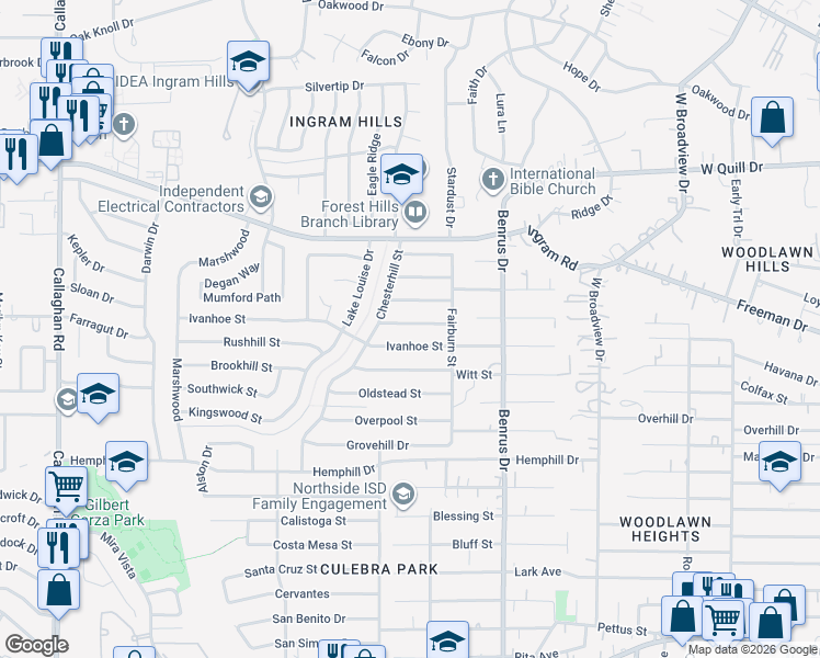 map of restaurants, bars, coffee shops, grocery stores, and more near 5202 Ivanhoe Street in San Antonio