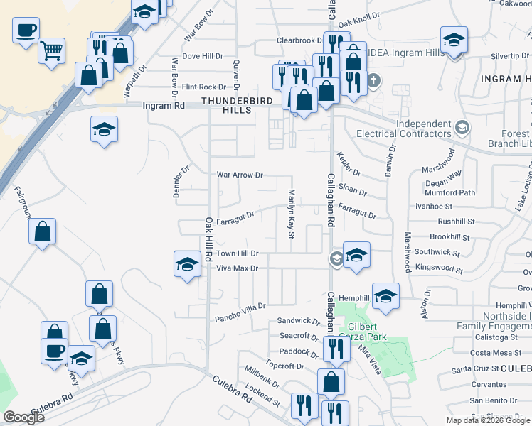 map of restaurants, bars, coffee shops, grocery stores, and more near 2403 Town Cliff Circle in San Antonio