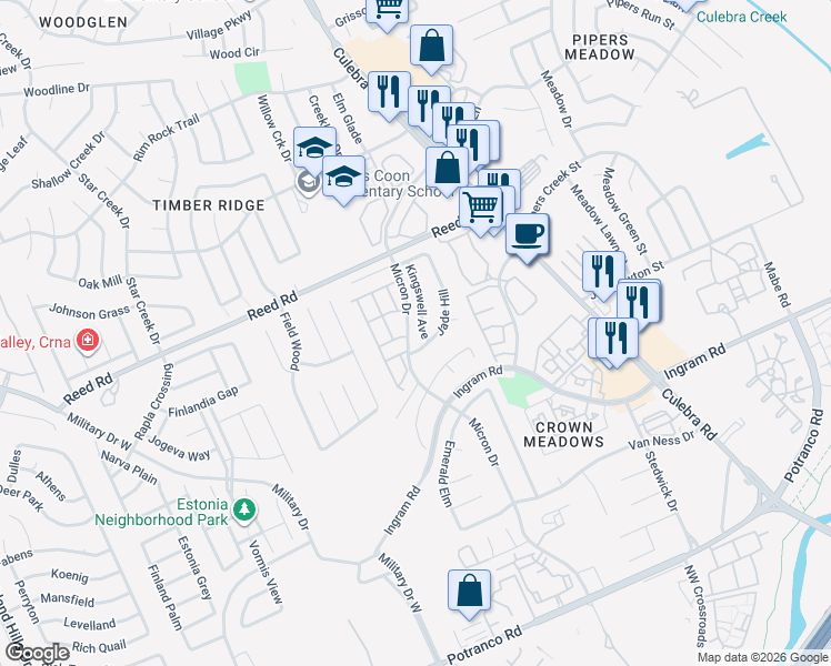 map of restaurants, bars, coffee shops, grocery stores, and more near 2514 Jade Hill in San Antonio