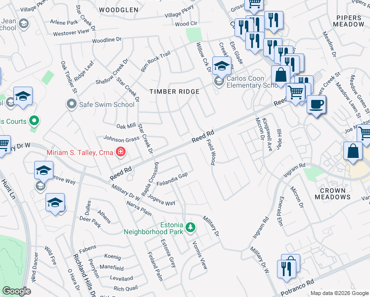 map of restaurants, bars, coffee shops, grocery stores, and more near 2339 Elva Forest in San Antonio