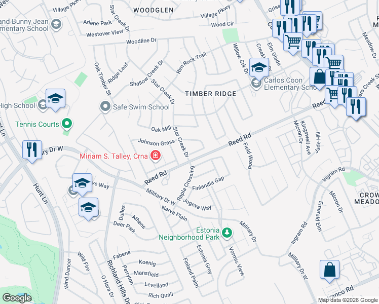 map of restaurants, bars, coffee shops, grocery stores, and more near 8302 Star Creek Drive in San Antonio