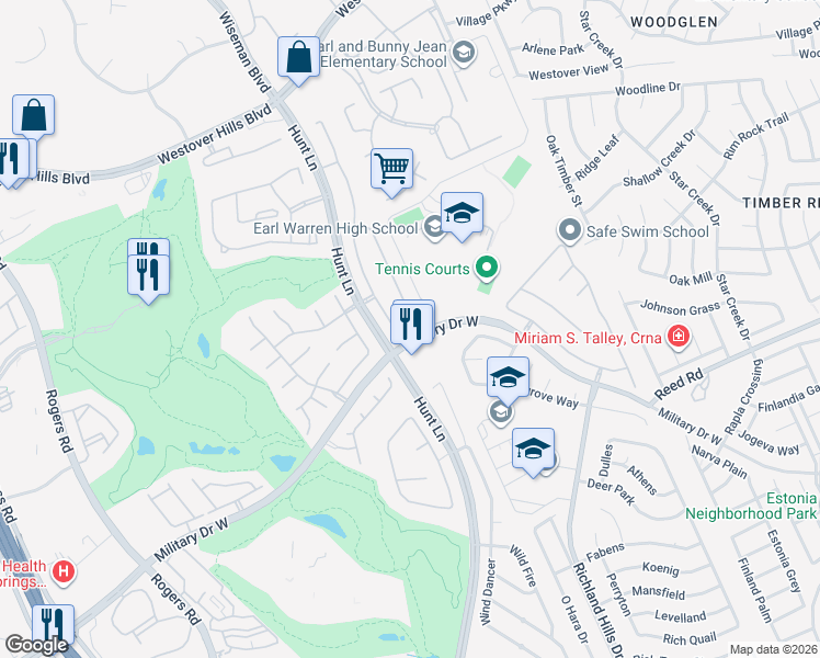 map of restaurants, bars, coffee shops, grocery stores, and more near 9526 Military Drive West in San Antonio