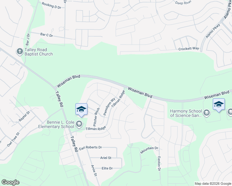 map of restaurants, bars, coffee shops, grocery stores, and more near 2480 Pennilynn Way in San Antonio