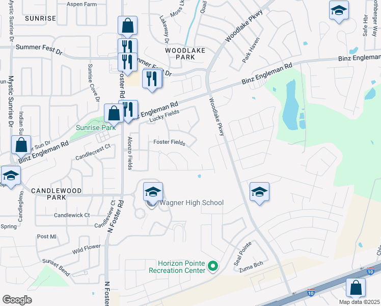 map of restaurants, bars, coffee shops, grocery stores, and more near 6810 Foster Fields in Converse