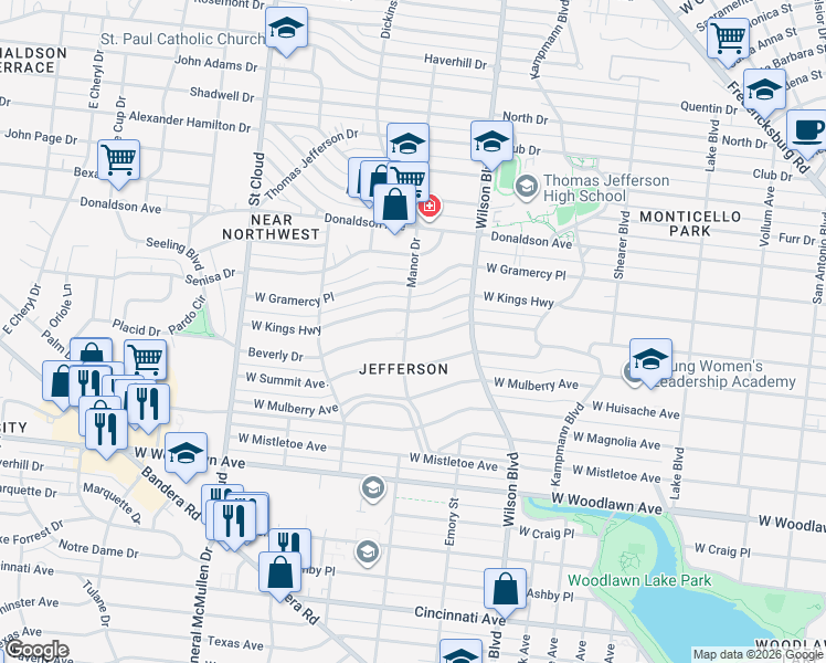 map of restaurants, bars, coffee shops, grocery stores, and more near 2431 West Summit in San Antonio