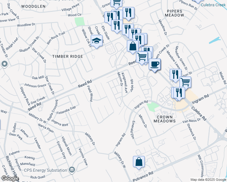 map of restaurants, bars, coffee shops, grocery stores, and more near 7880 Micron Drive in San Antonio