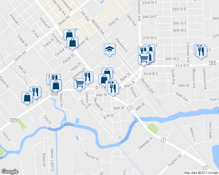 map of restaurants, bars, coffee shops, grocery stores, and more near Farm to Market 517 in Dickinson