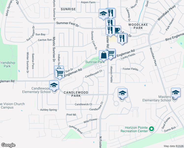 map of restaurants, bars, coffee shops, grocery stores, and more near 6415 Candlepass Drive in San Antonio