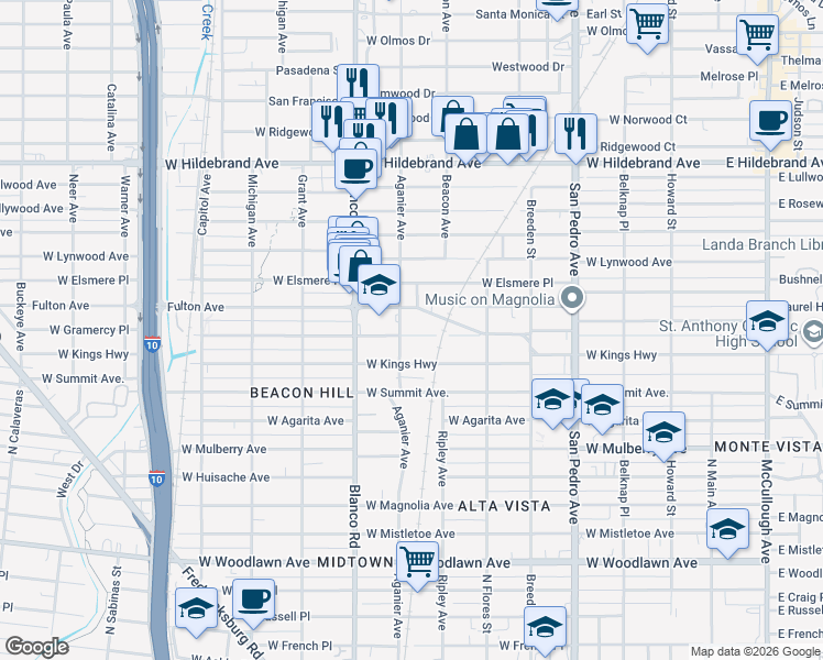 map of restaurants, bars, coffee shops, grocery stores, and more near 743 Fulton Avenue in San Antonio