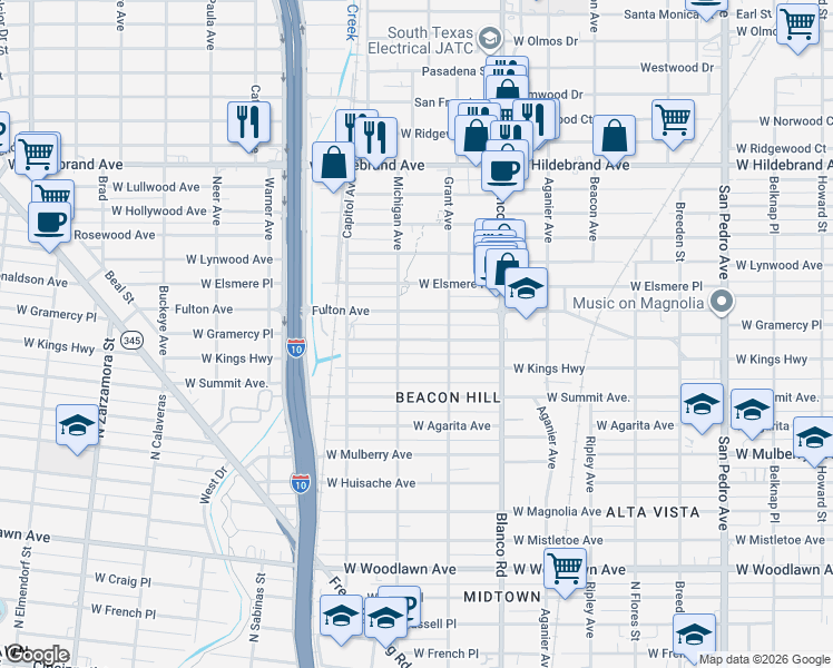 map of restaurants, bars, coffee shops, grocery stores, and more near 1025 Fulton Avenue in San Antonio