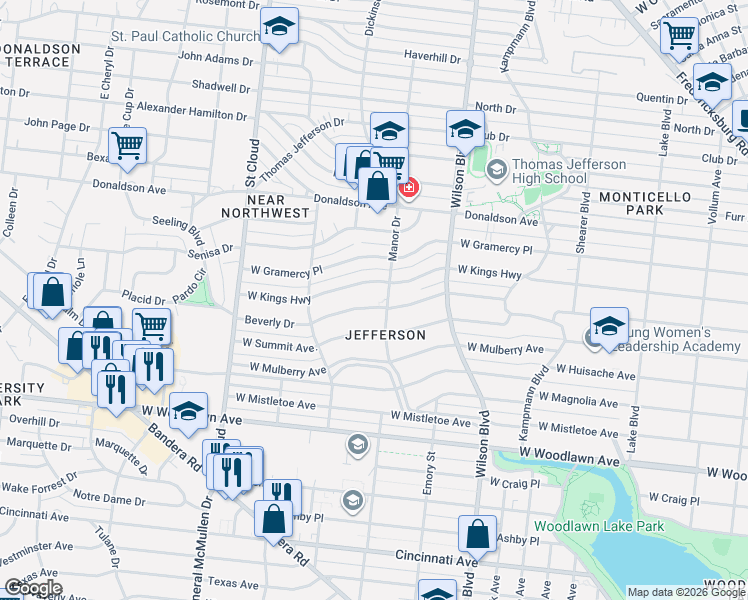 map of restaurants, bars, coffee shops, grocery stores, and more near 2515 West Kings Highway in San Antonio