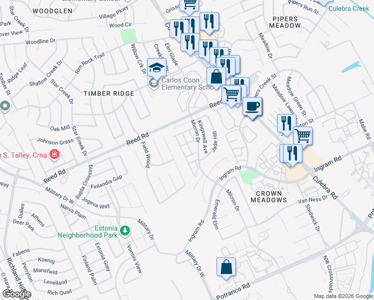 map of restaurants, bars, coffee shops, grocery stores, and more near 7880 Micron Drive in San Antonio