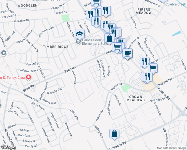 map of restaurants, bars, coffee shops, grocery stores, and more near 7880 Micron Drive in San Antonio