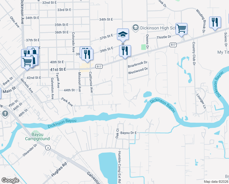 map of restaurants, bars, coffee shops, grocery stores, and more near 5071 Winding Way in Dickinson