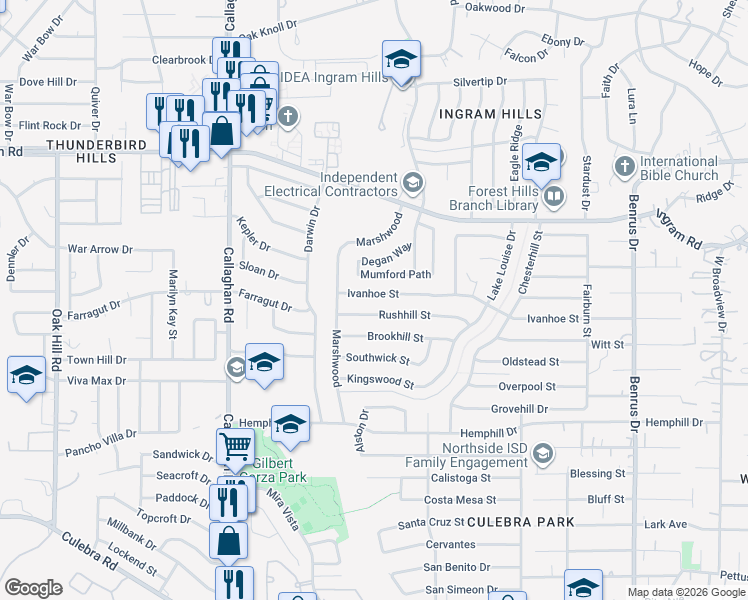 map of restaurants, bars, coffee shops, grocery stores, and more near 5622 Mumford Path in San Antonio