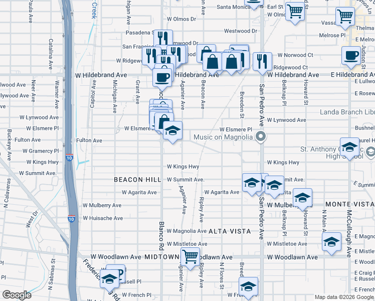map of restaurants, bars, coffee shops, grocery stores, and more near 743 Fulton Avenue in San Antonio