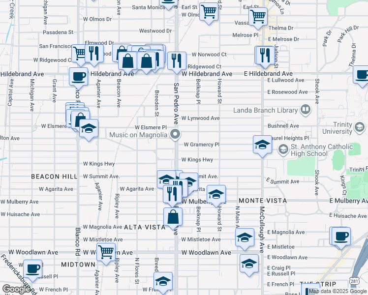 map of restaurants, bars, coffee shops, grocery stores, and more near 335 West Gramercy Place in San Antonio