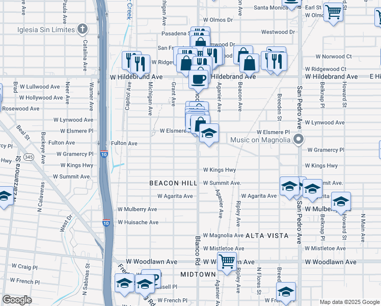 map of restaurants, bars, coffee shops, grocery stores, and more near 1621 Blanco Road in San Antonio