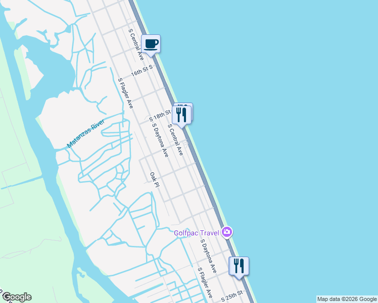 map of restaurants, bars, coffee shops, grocery stores, and more near 1920 South Oceanshore Boulevard in Flagler Beach