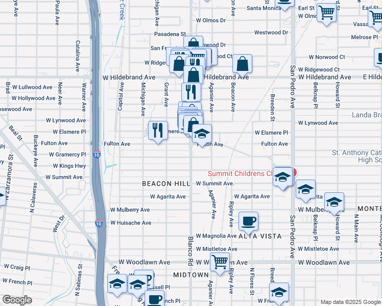 map of restaurants, bars, coffee shops, grocery stores, and more near 1604 Blanco Road in San Antonio
