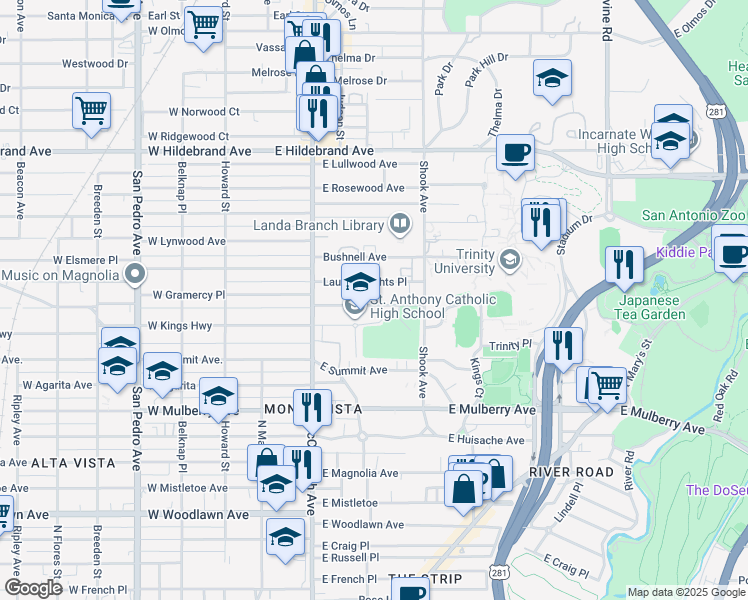 map of restaurants, bars, coffee shops, grocery stores, and more near 305 East Kings Highway in San Antonio
