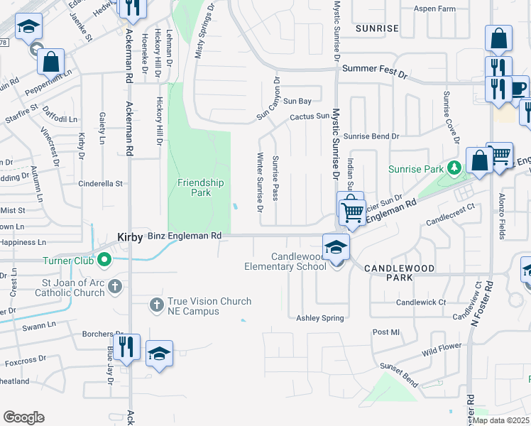map of restaurants, bars, coffee shops, grocery stores, and more near 4038 Winter Sunrise Drive in San Antonio
