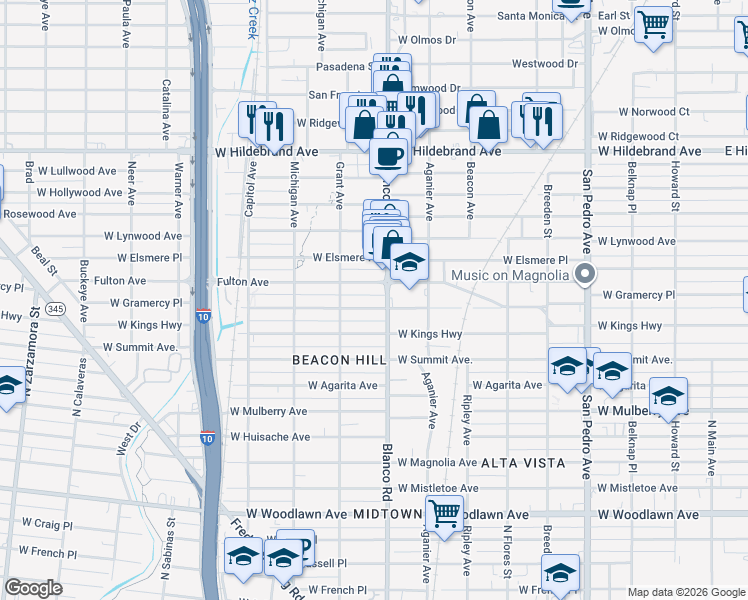 map of restaurants, bars, coffee shops, grocery stores, and more near 1621 Blanco Road in San Antonio