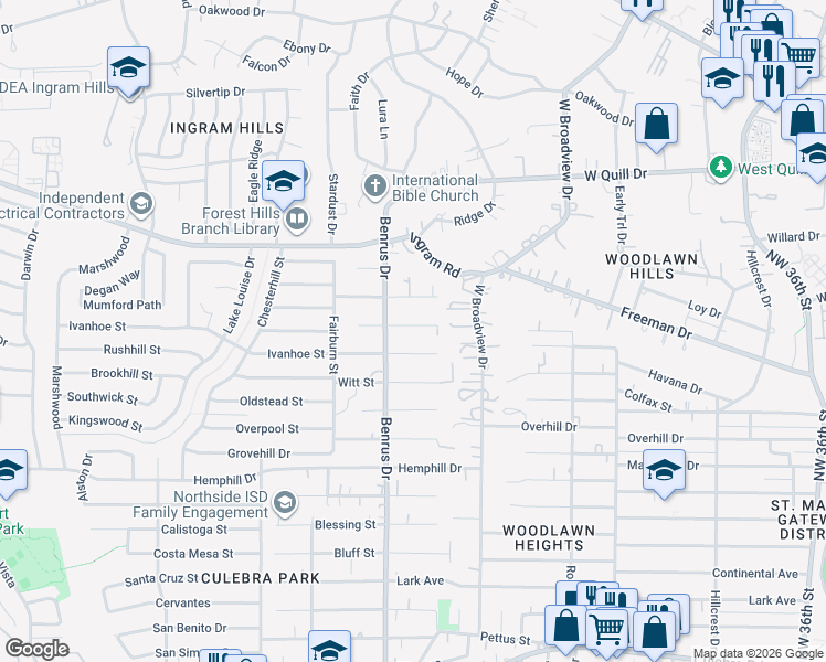 map of restaurants, bars, coffee shops, grocery stores, and more near 4935 Brockman Street in San Antonio