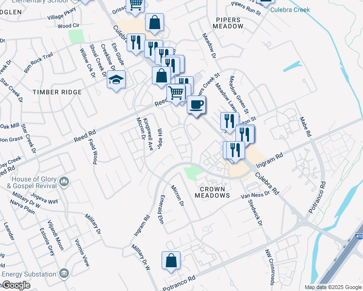 map of restaurants, bars, coffee shops, grocery stores, and more near 15 Pipers Creek Street in San Antonio