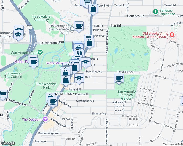 map of restaurants, bars, coffee shops, grocery stores, and more near 311 Pershing Avenue in San Antonio