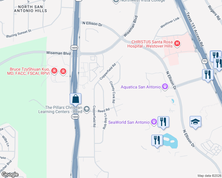 map of restaurants, bars, coffee shops, grocery stores, and more near 1803 Highland Mist Lane in San Antonio