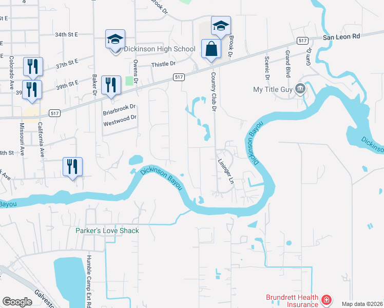 map of restaurants, bars, coffee shops, grocery stores, and more near 4308 Leslie's Way in Dickinson