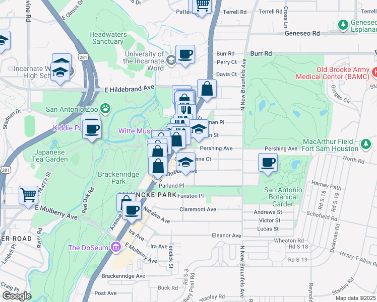 map of restaurants, bars, coffee shops, grocery stores, and more near 114 Pershing Avenue in San Antonio
