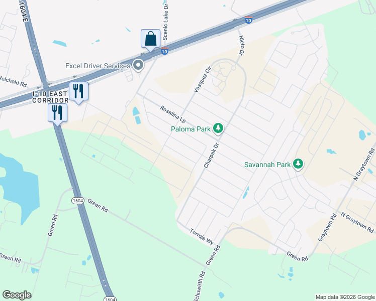 map of restaurants, bars, coffee shops, grocery stores, and more near 3990 Weichold Road in Converse