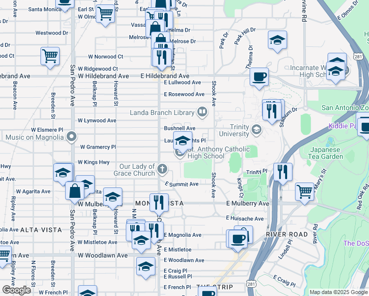 map of restaurants, bars, coffee shops, grocery stores, and more near 147 Laurel Heights Place in San Antonio
