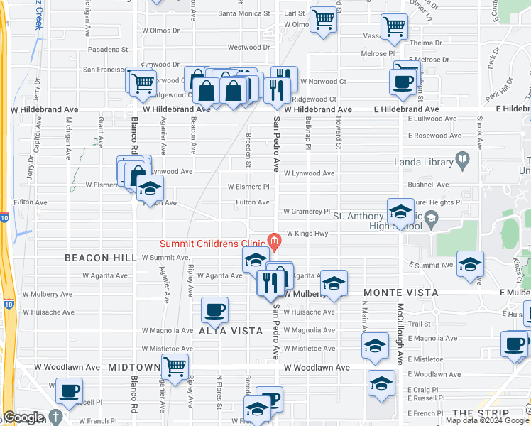 map of restaurants, bars, coffee shops, grocery stores, and more near 432 Fulton Avenue in San Antonio
